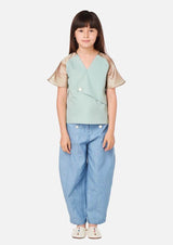 Girls champaign frill short sleeve mint green wrap top Japanese Children Clothing Owa Yurika