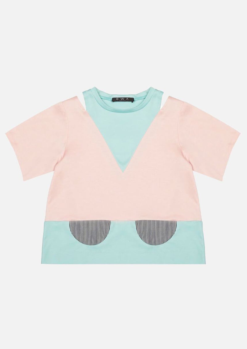 Girls Cotton Open Shoulder Pink Mint Green Short Sleeve T-shirt Japanese Children Tops Owa Yurika