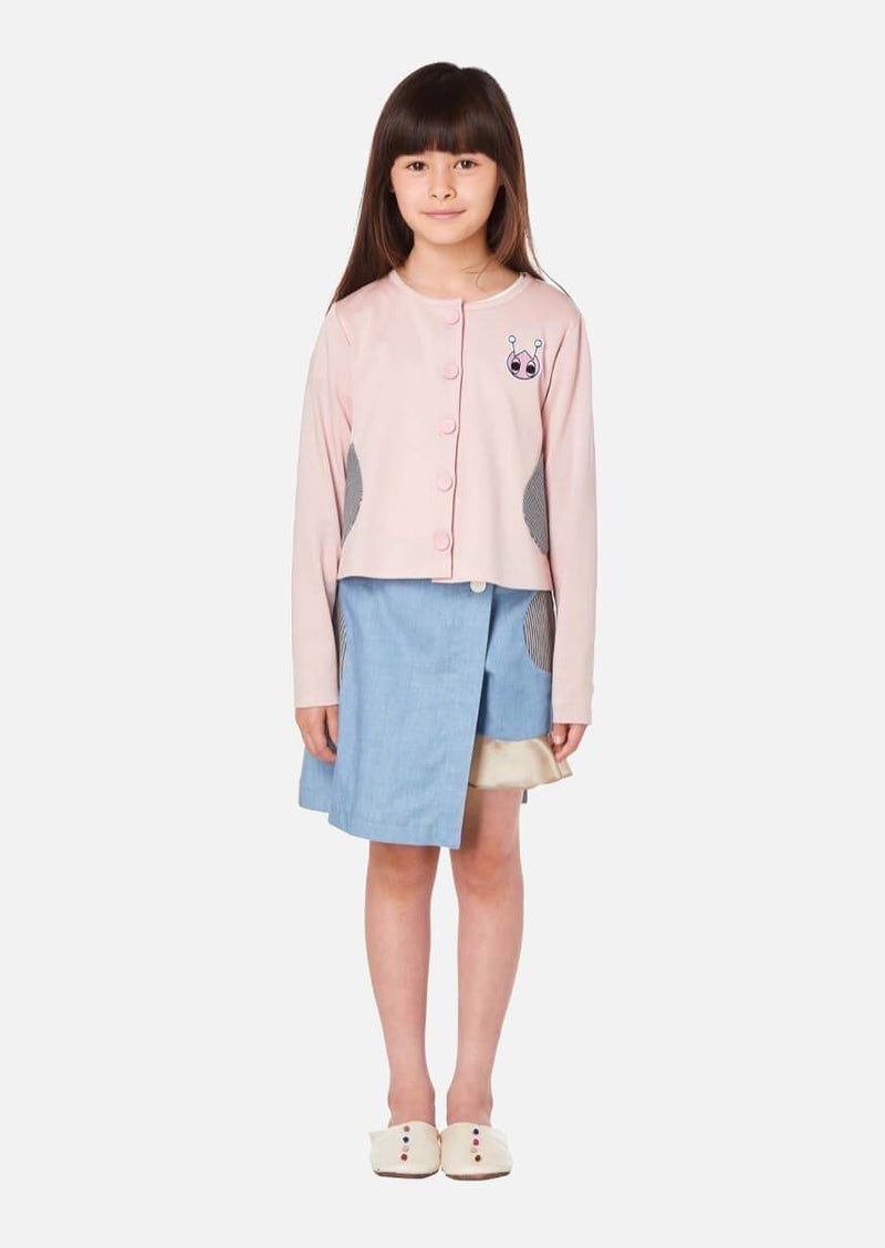 Girls pink cotton cardigan with stripe denim pocket Japanese Luxury Children Jacket Owa yurika