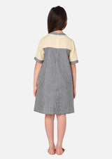 Girls Midi Stripe Denim Short Sleeve Yellow Dress Japanese Children Clothing Owa Yurika